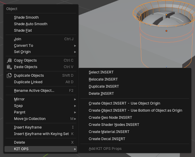 The right-click object context menu with an INSERT active — the KIT OPS submenu offers Select, Relocate, Duplicate, and Delete INSERT