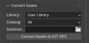 The Convert Assets sub-panel in the Tools panel: Library, Catalog and Destination fields with the Convert Assets to KIT OPS button