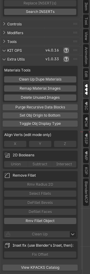 The KIT OPS EXTRA UTILITIES panel docked under the same ♥♥♥ sidebar tab as KIT OPS