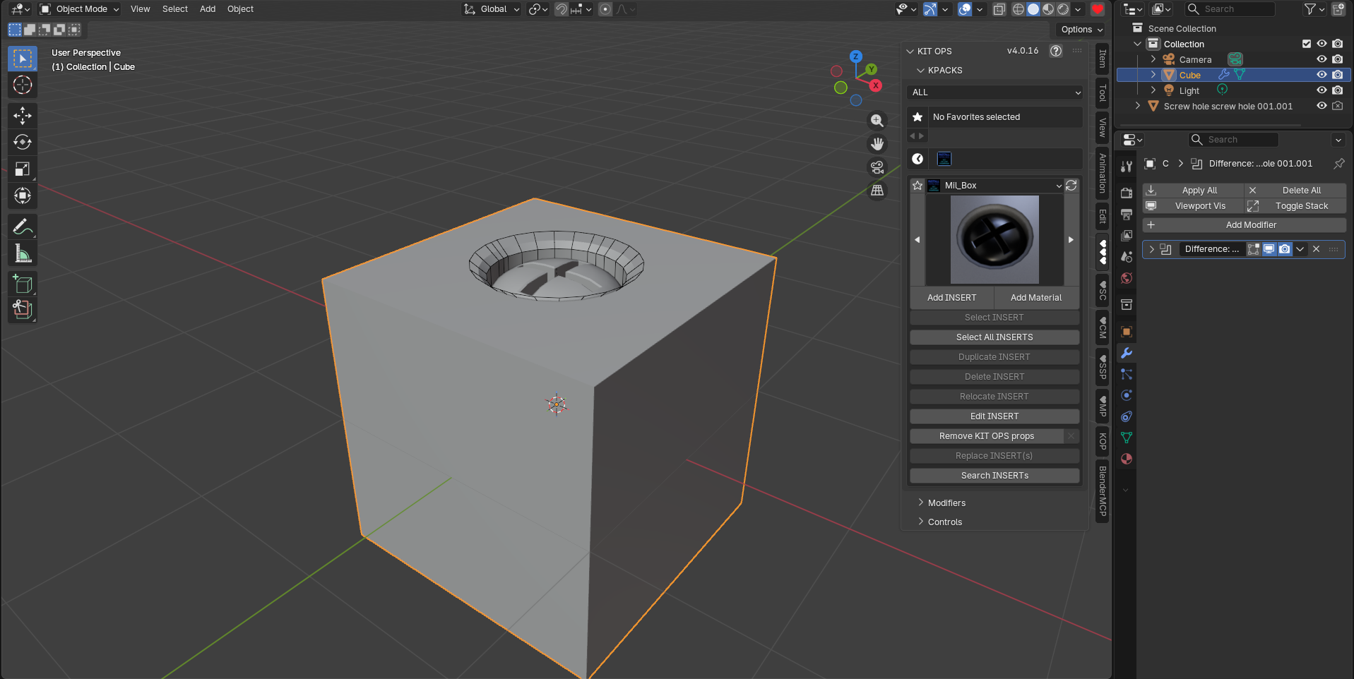 The dropped screw-hole INSERT: the hole is cut, the screw head sits in it, and the boolean modifier KIT OPS added is visible in the cube's modifier stack