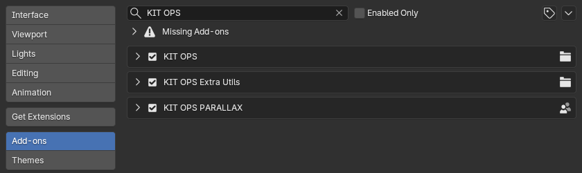 Blender Preferences > Add-ons with KIT OPS installed and enabled