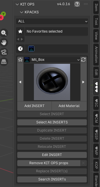The 3D View sidebar open at the ♥♥♥ tab, showing the KIT OPS Main panel with the Mil_Box KPACK thumbnail browser