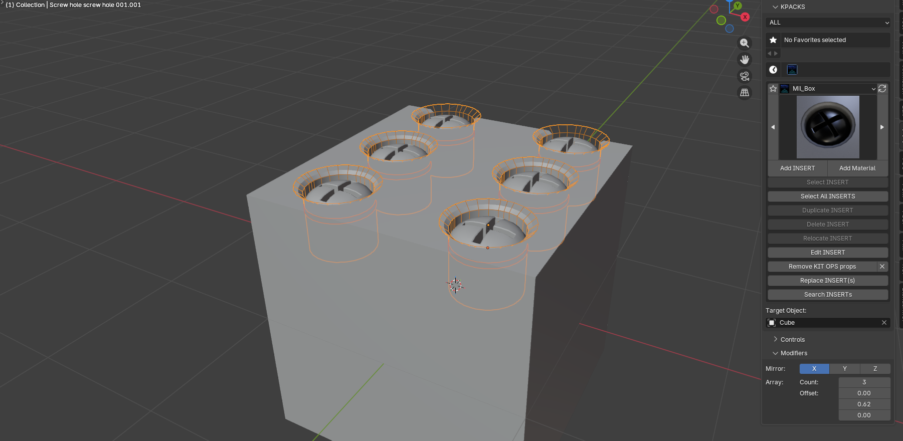A placed INSERT with Mirror X on and Array count 3 — six boolean cuts live on the target, with the Modifiers panel showing the settings