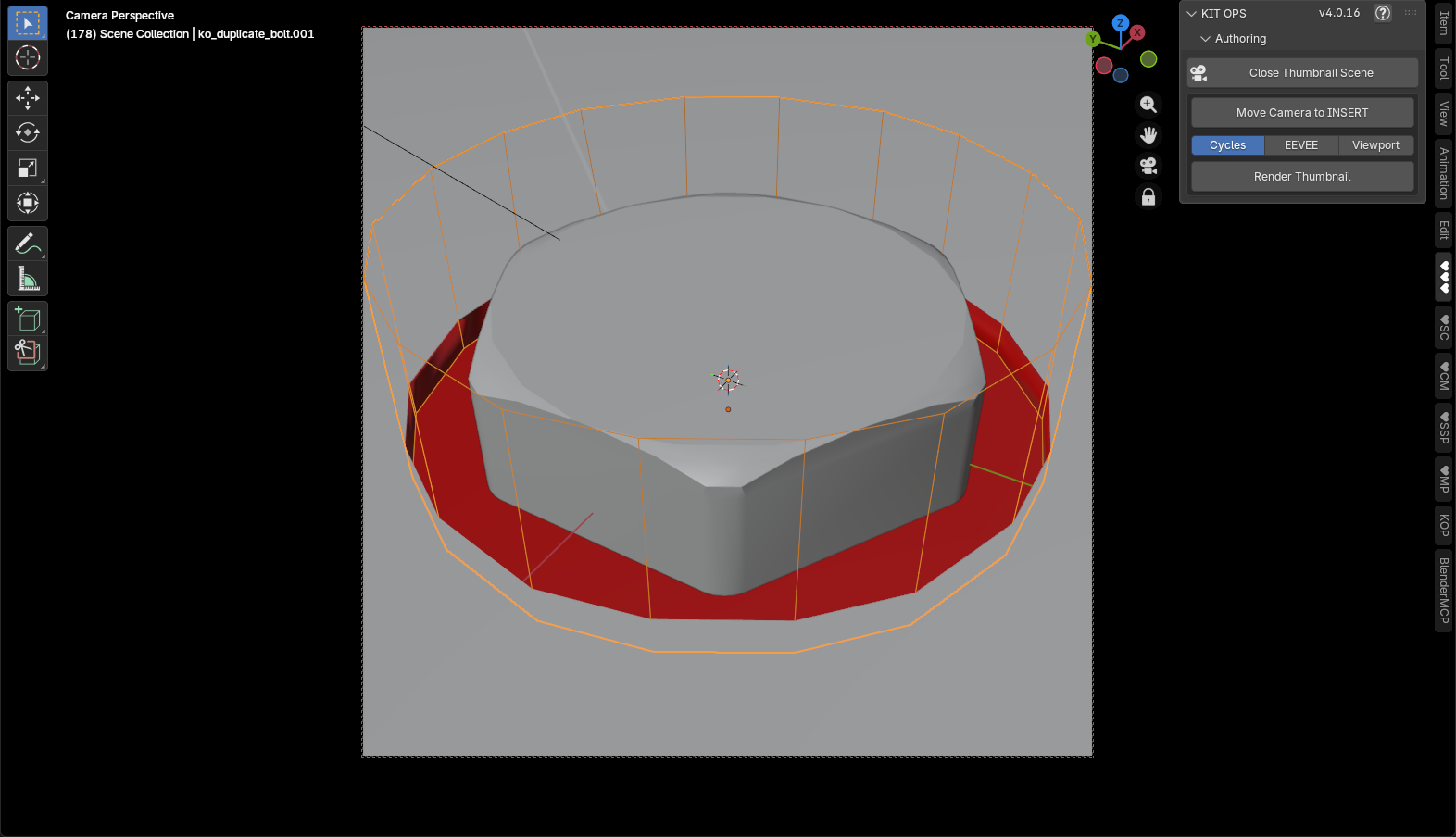 The thumbnail scene open with the template camera and lighting framing the INSERT — the panel offers Move Camera to INSERT, the render engine row, and Render Thumbnail