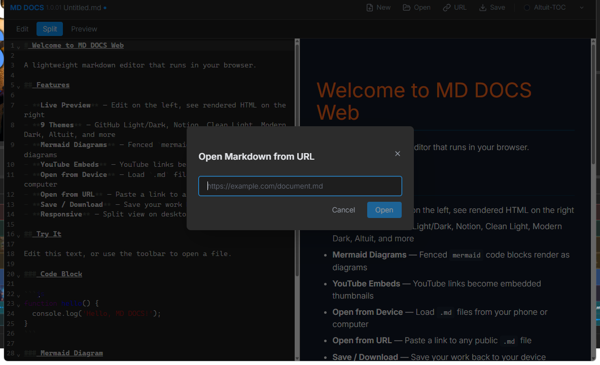 Open Markdown from URL dialog