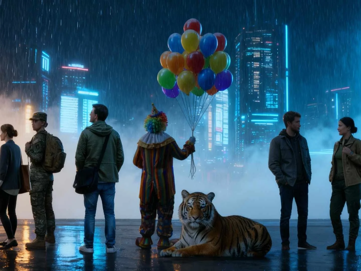 The same characters in a finished rainy cyberpunk street concept