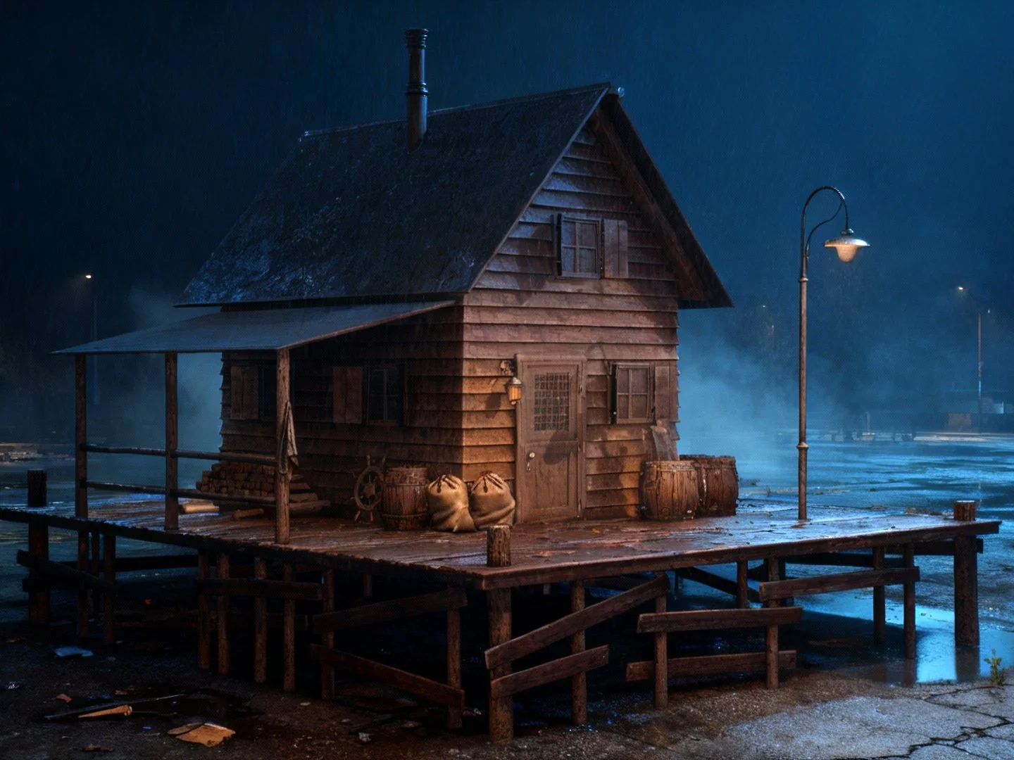 Rainy night concept of a wooden cabin on a dock, generated from a Blender scene