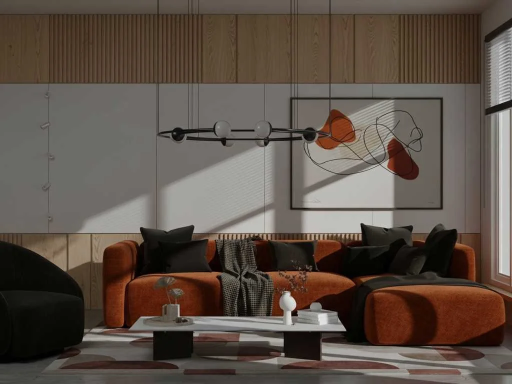Living-room CMF study — rust colorway
