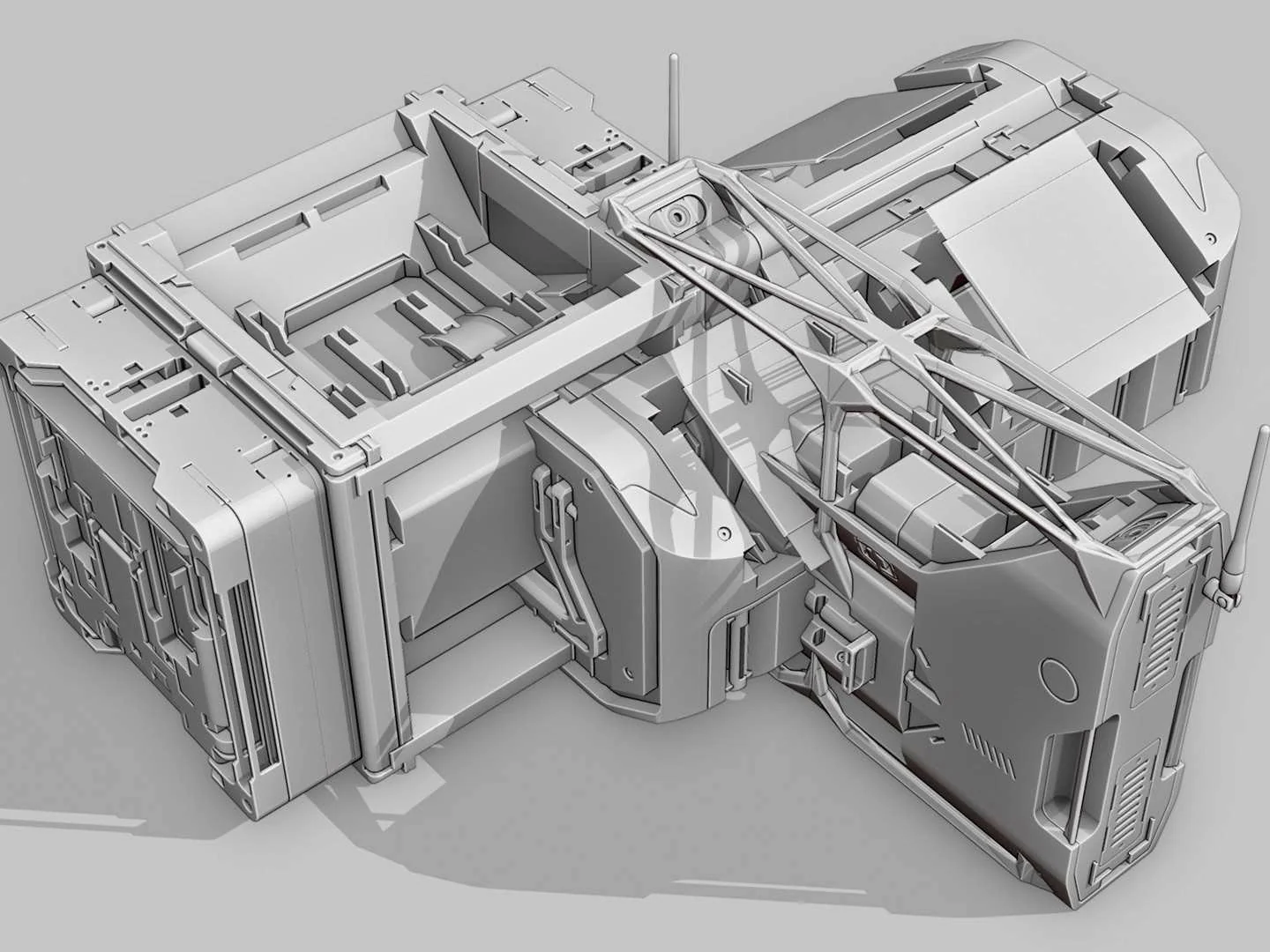 Clay blockout of a sci-fi hauler — the gray-box input