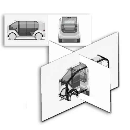Front, side, and perspective template views generated from the scene