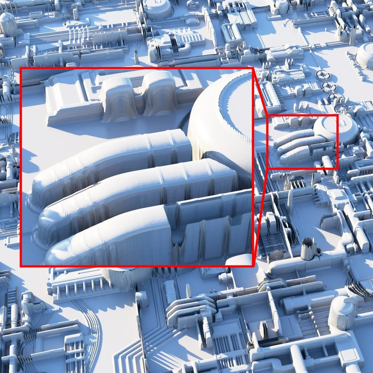 Clay render displaced with the 16-bit map — smooth, clean surfaces (inset magnified)