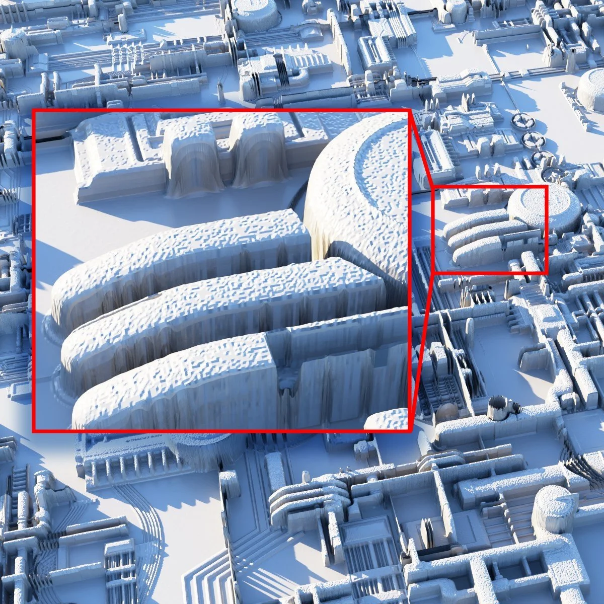The same displacement from an 8-bit map — stair-stepping and noise across every surface (inset magnified)