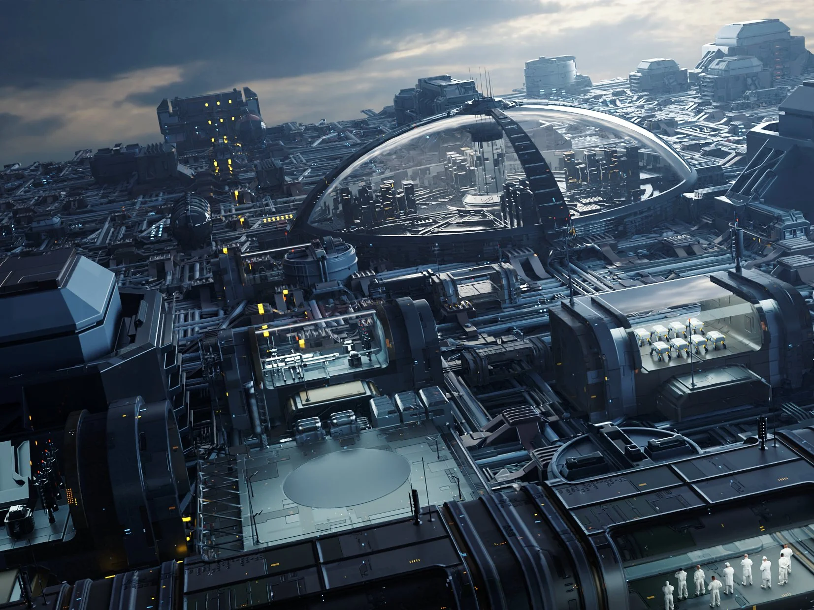 A sprawling domed sci-fi city, thousands of instanced objects generated by the Flex 2 GN Builder