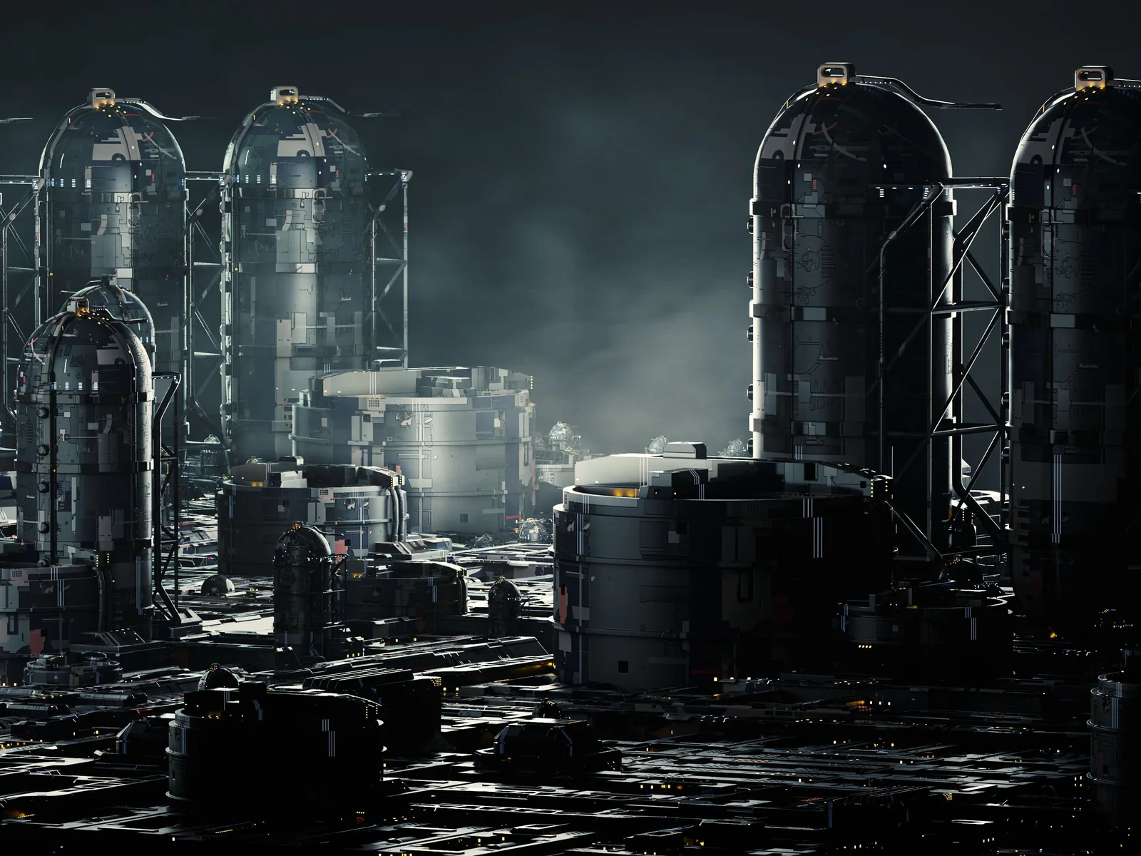 Rows of towering sci-fi power-plant silos at night, generated by the Flex 2 GN Builder