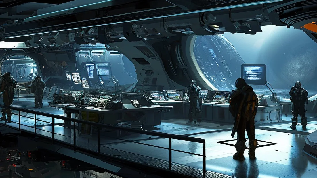 Sci-fi crew deck interior — surfaces detailed with the trim-sheet displacement technique