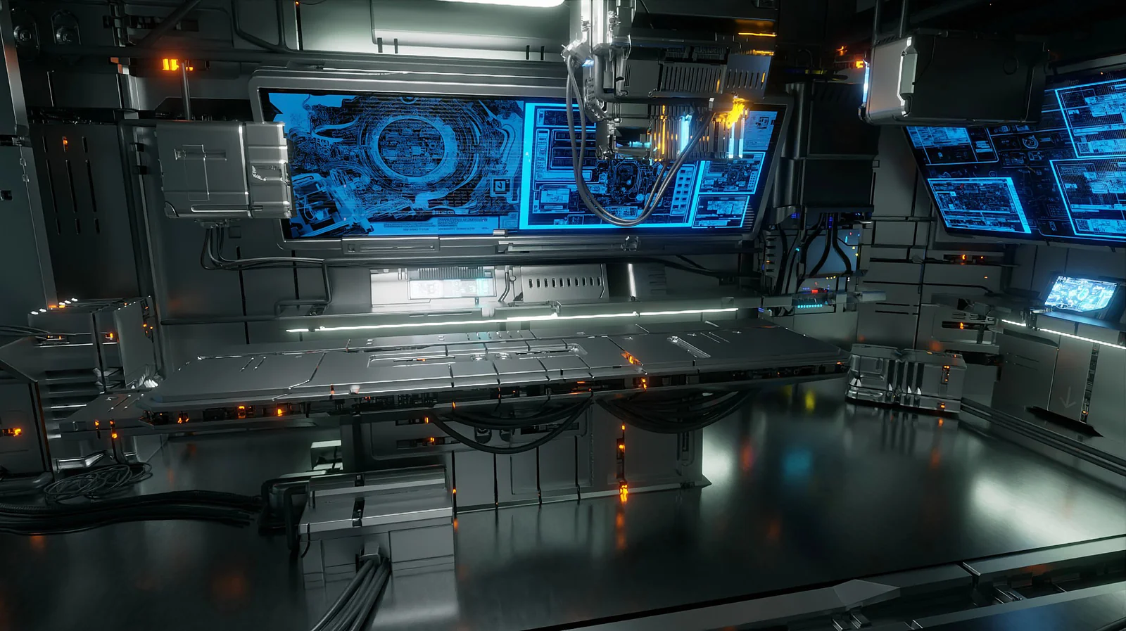 Sci-fi laboratory interior — walls, benches, and screens dressed with Flex 2 trim sheets