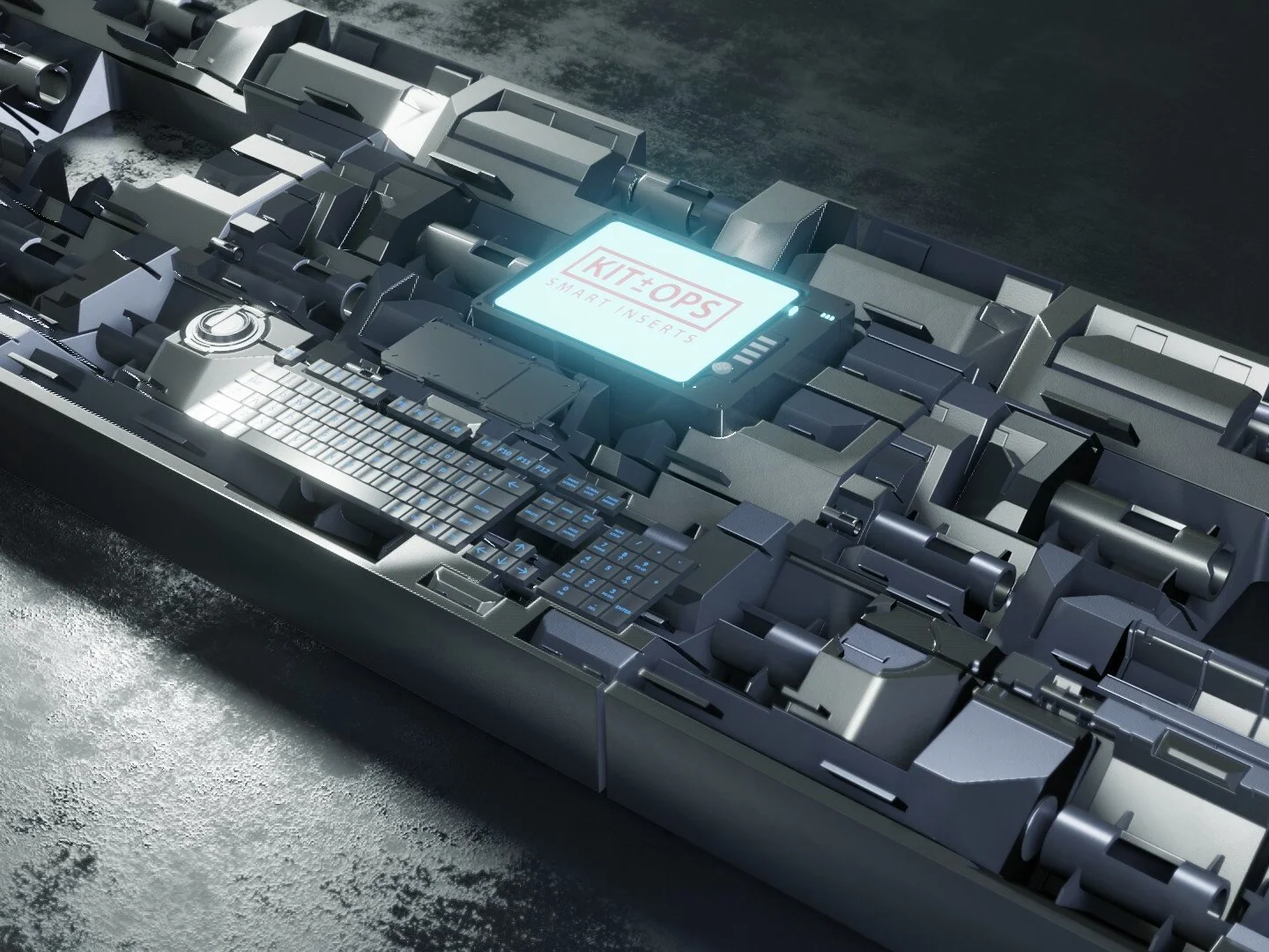 Greebled sci-fi console with glowing KIT OPS screen, blocked out with shapers and detailed with greeble INSERTs