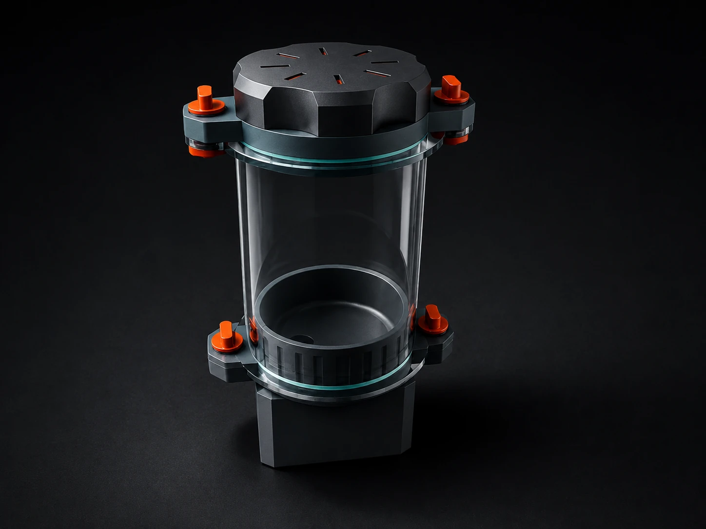 Precision canister assembly with clamps and fittings, modeled with live booleans