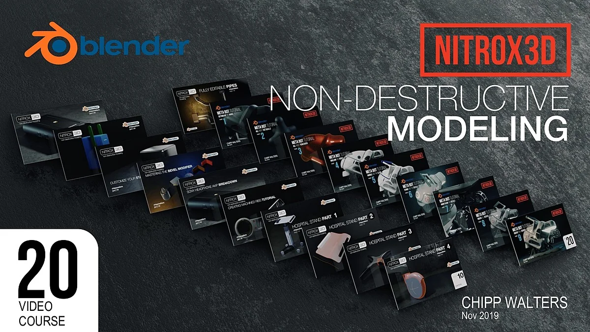 NITROX3D Non-Destructive Modeling — all 20 lesson cards laid out, Blender, by Chipp Walters