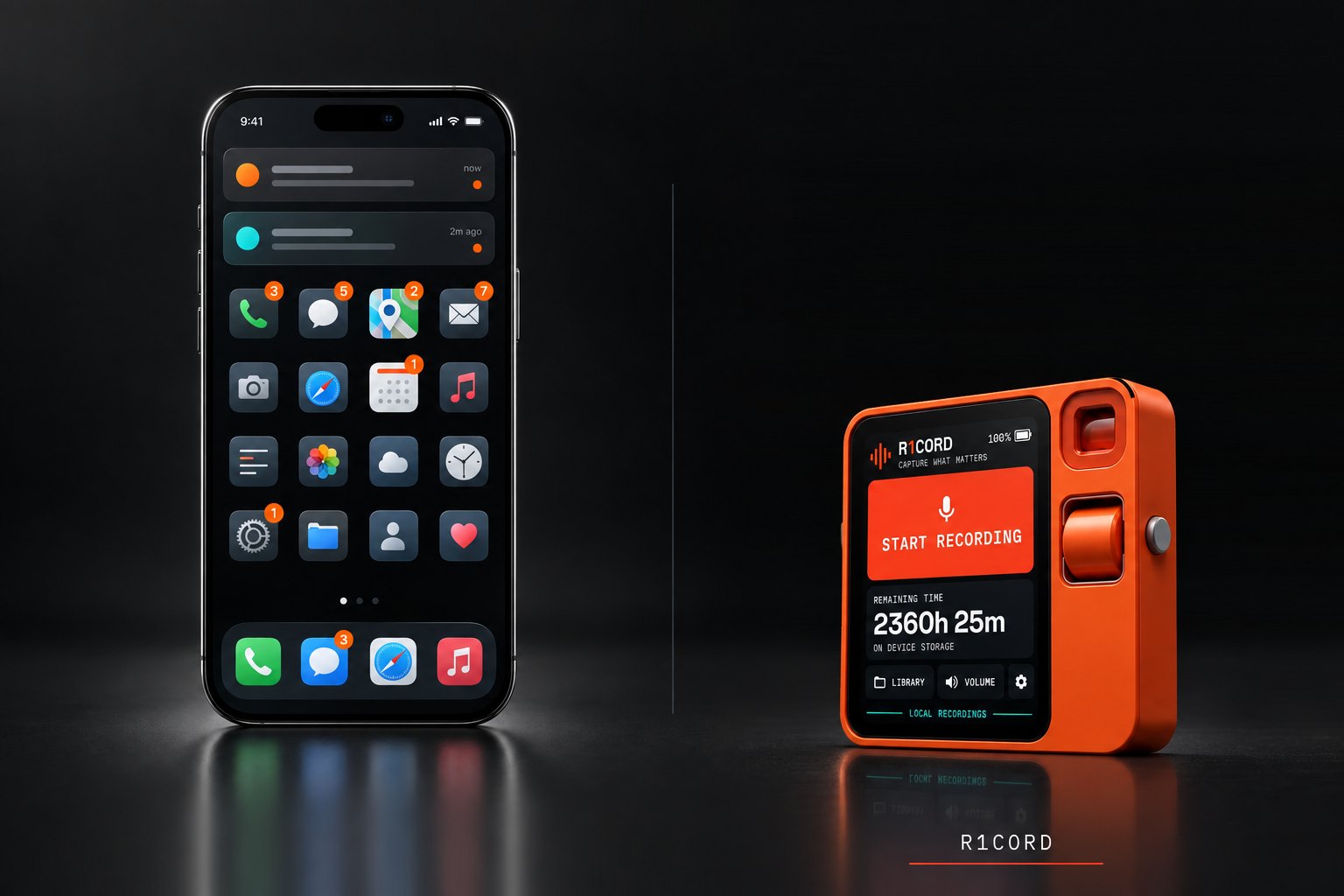A busy smartphone beside the R1 running the clean R1CORD recorder screen