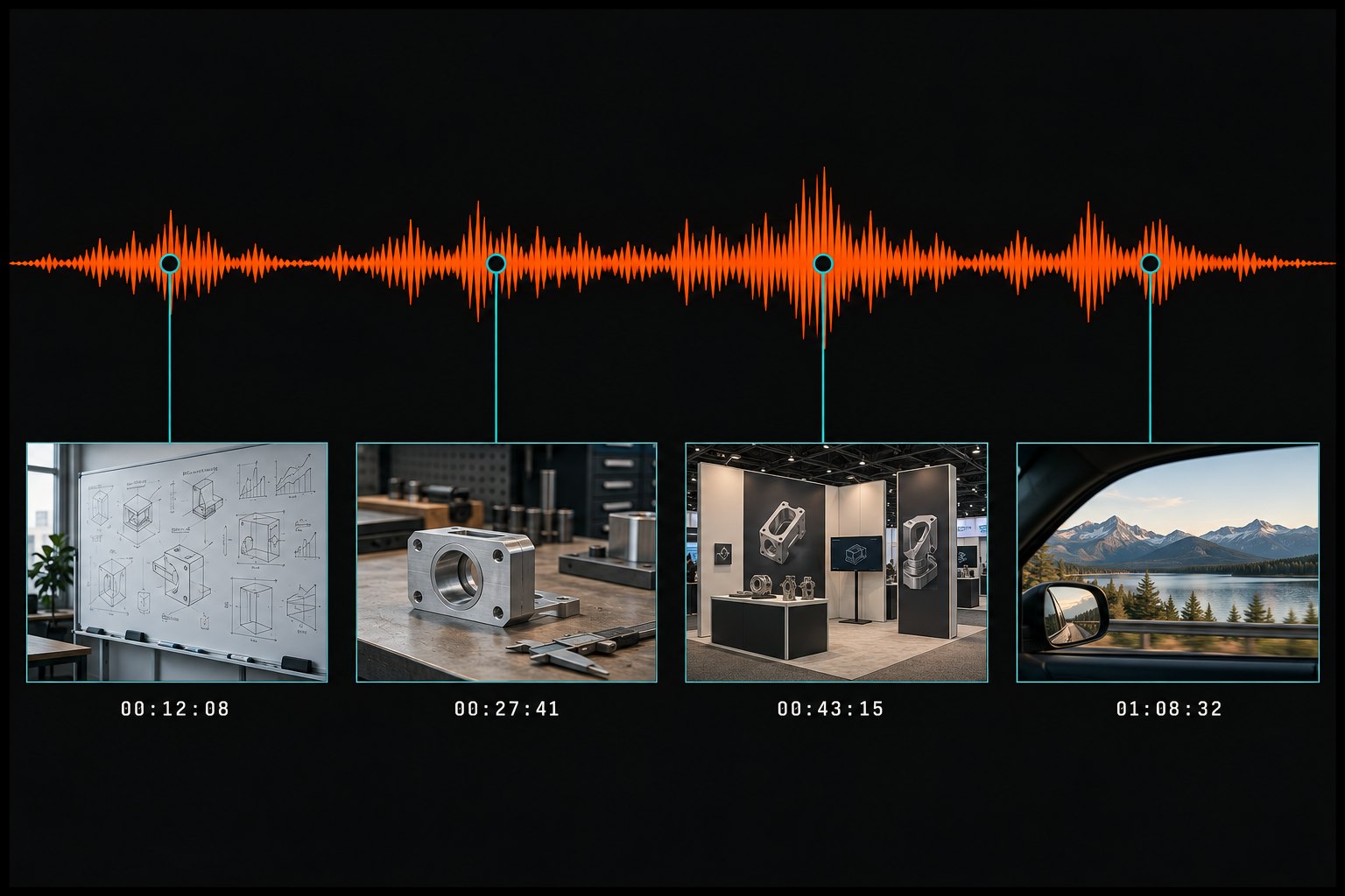 Audio timeline with timestamped photo markers — whiteboard, prototype, booth, road