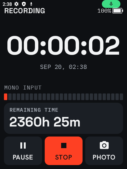 // recording — elapsed time, pause, photo