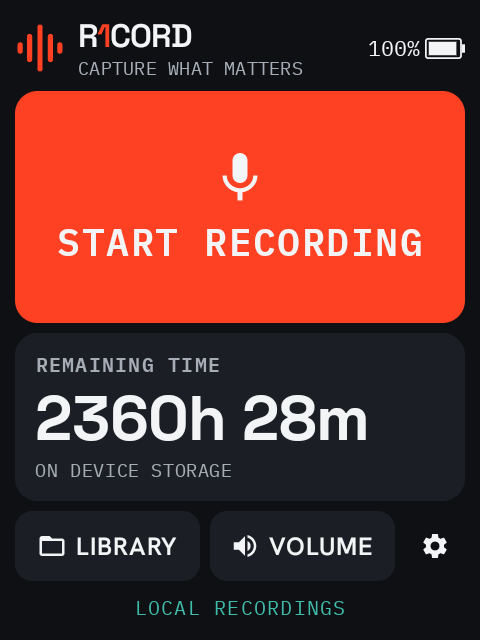 // home — start recording, library, volume