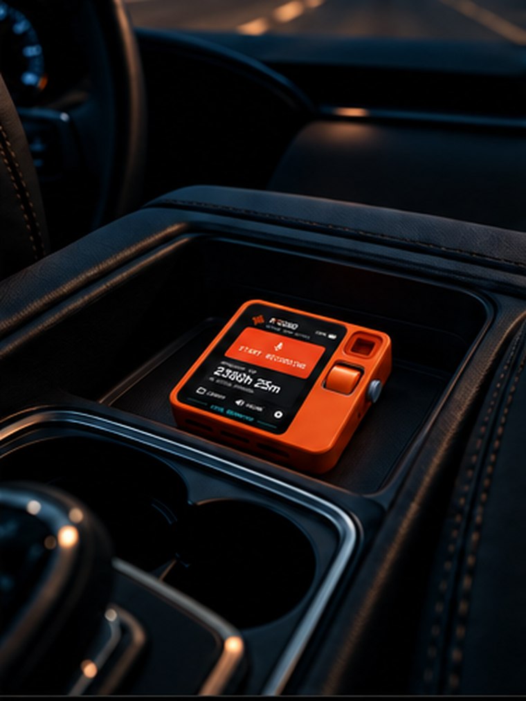 R1CORD resting in a car console at dusk
