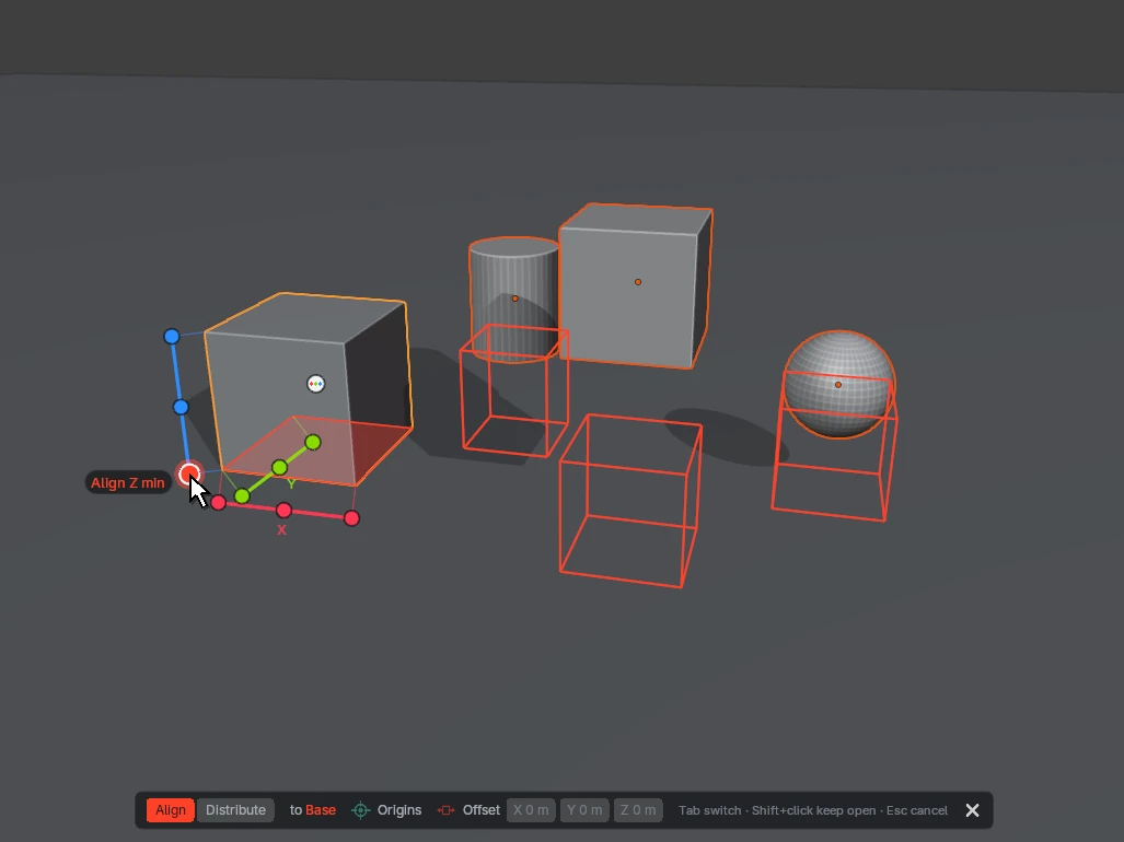 Simple Align's rails on the reference box, the Z rail's min dot hovered, with orange outlines showing every object dropped to the floor
