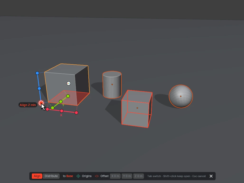 After Shift+clicking Align Z min: the objects rest on the floor and the rails are still open