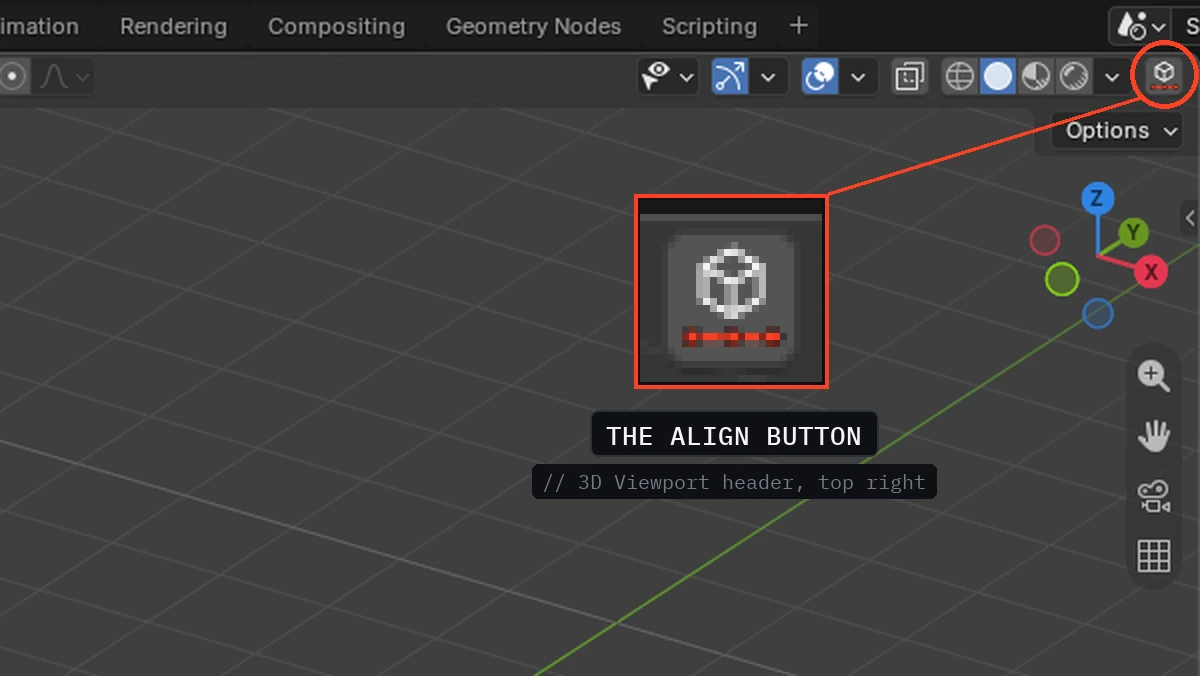 The Simple Align button at the right end of Blender's 3D Viewport header, circled, with a magnified inset