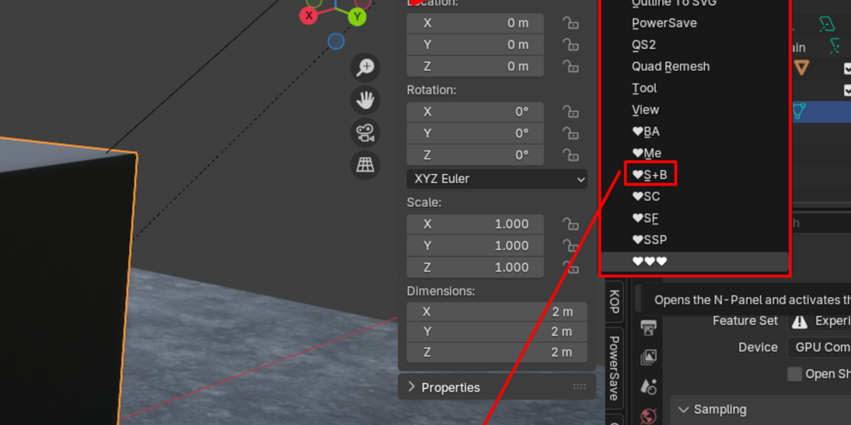 The Simple N-Panel pop-up menu open in the Blender viewport, listing every N-Panel tab