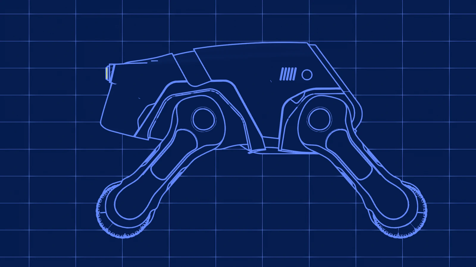 A four-legged robot dog rendered with the Blueprint preset — glowing light-blue lines on grid-blue