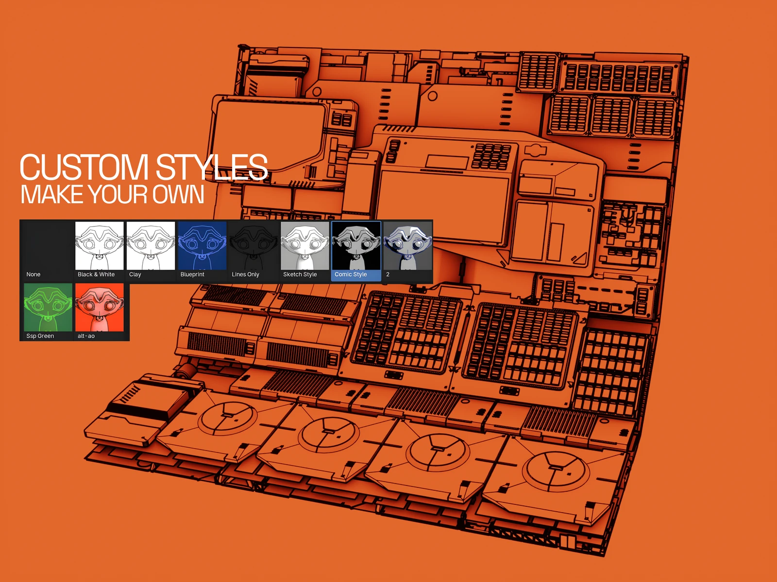The Simple Sketch Pro style picker — the six built-in presets alongside saved custom styles (Ssp Green, alt-ao) — over a greeble panel on brand orange