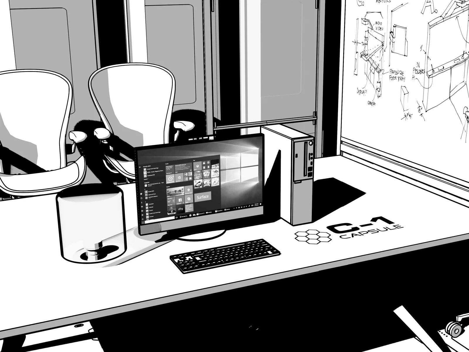 The C-1 Capsule office workspace — desk, monitor, and chairs — rendered as clean black-and-white line art with Simple Sketch Pro