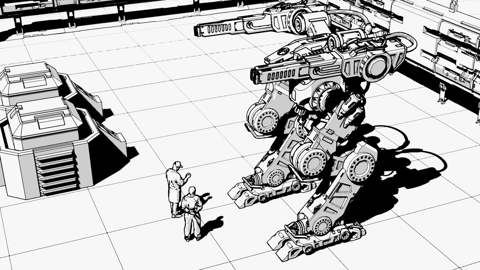 A giant mech walker in a hangar with two figures for scale, rendered as clean black-and-white line art with Simple Sketch Pro