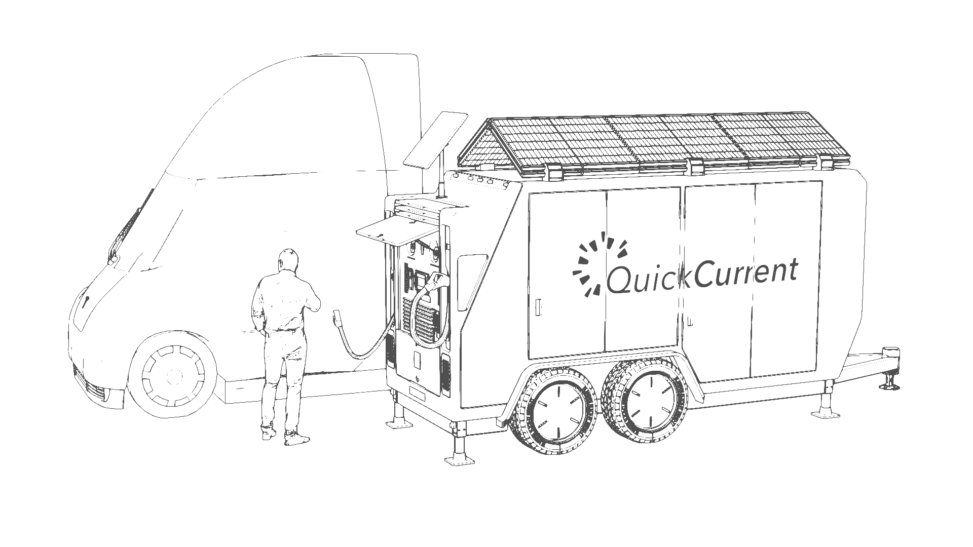 QuickCurrent solar charging truck rendered with the Black & White preset — clean black line art on white