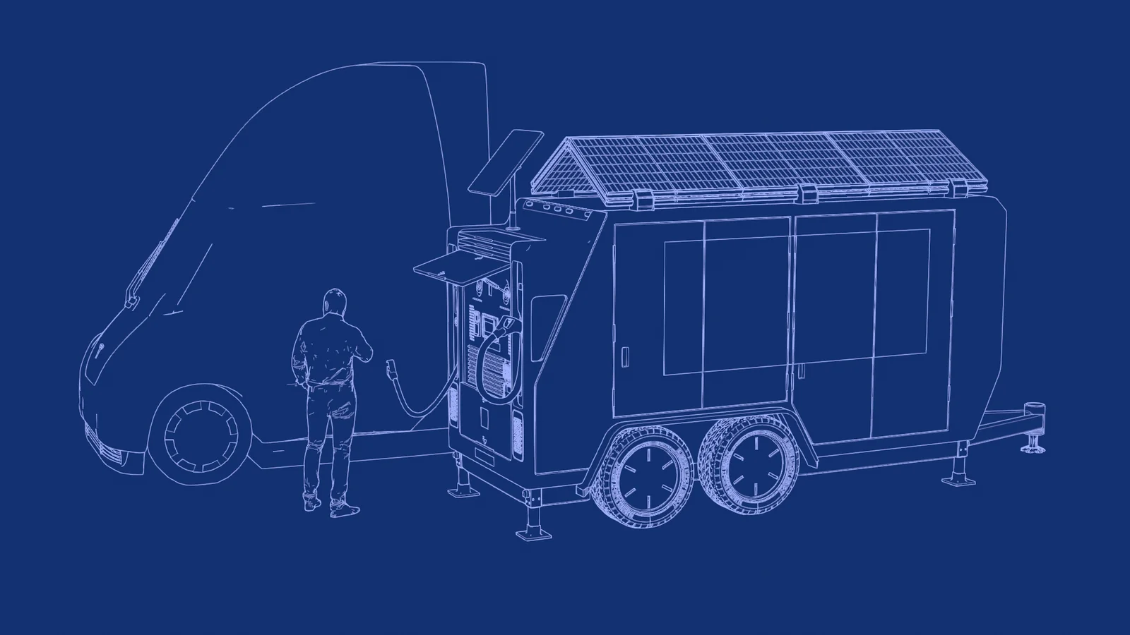 QuickCurrent solar charging truck rendered with the Blueprint preset — white lines on blueprint blue