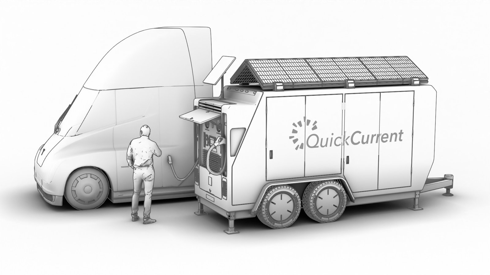 QuickCurrent solar charging truck rendered with the Clay preset — soft ambient-occlusion grayscale