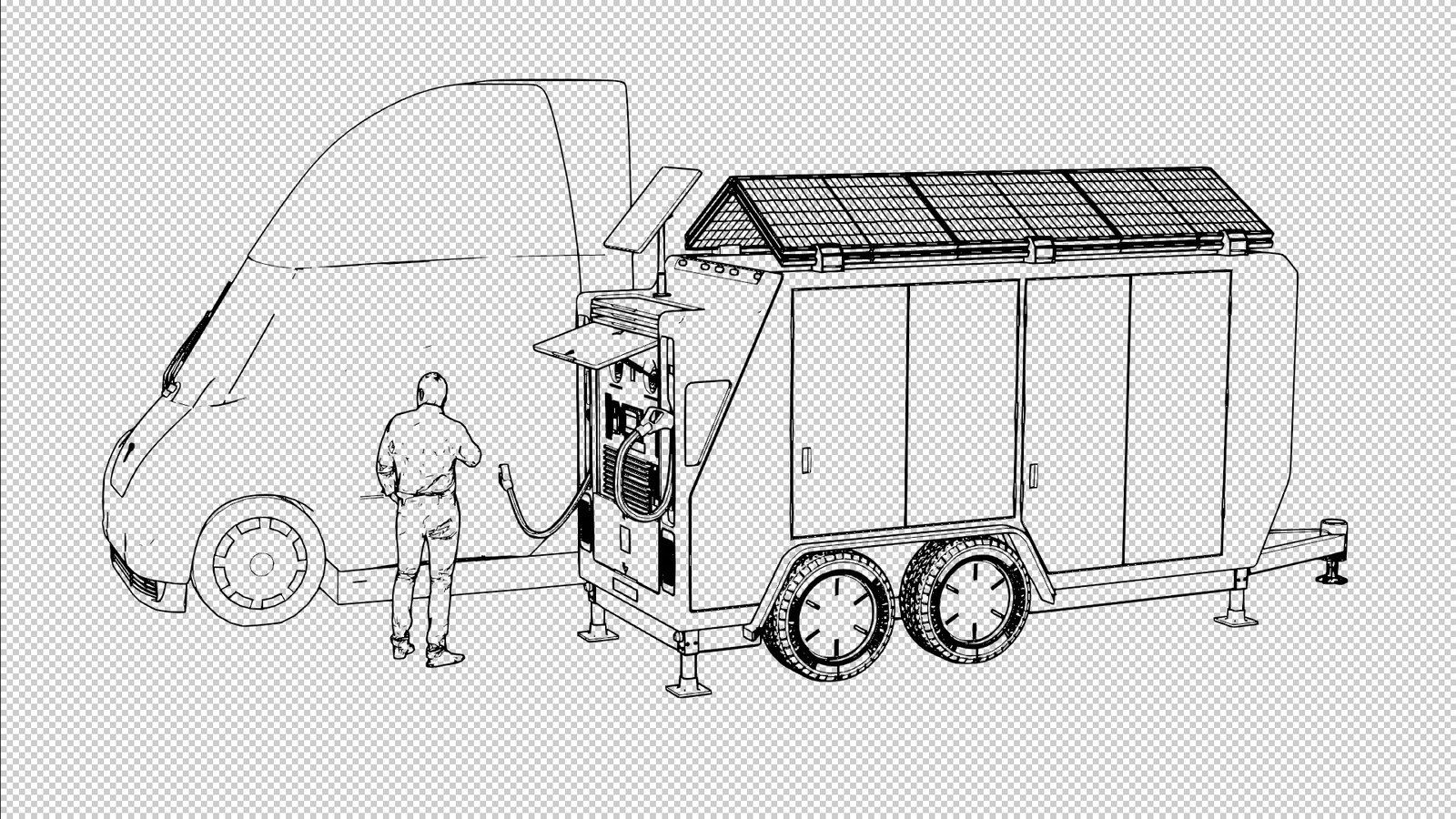 QuickCurrent solar charging truck rendered with the Lines Only preset — pure black outlines, transparent-ready
