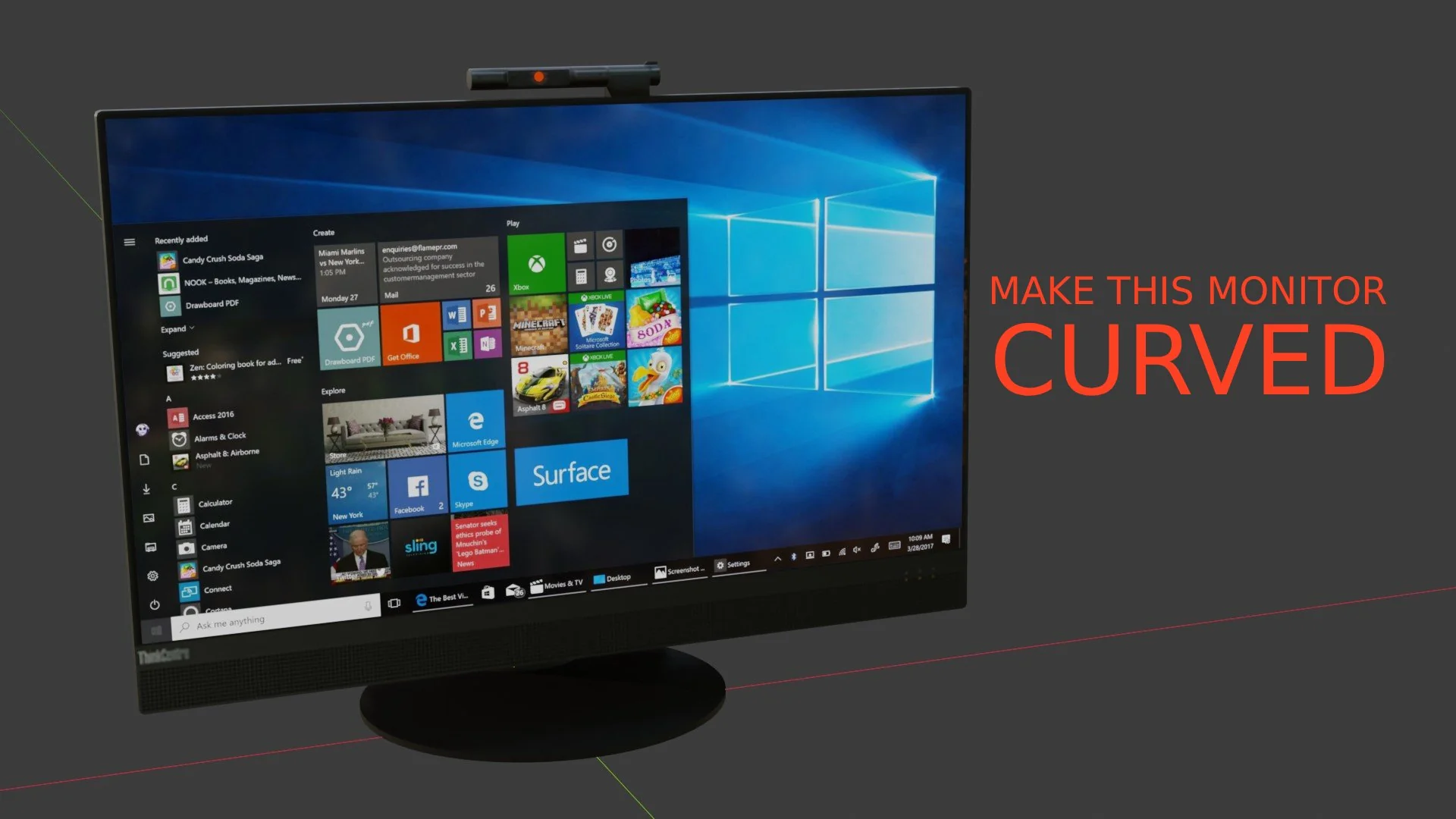 A flat desktop monitor in Blender — the goal: make this monitor curved