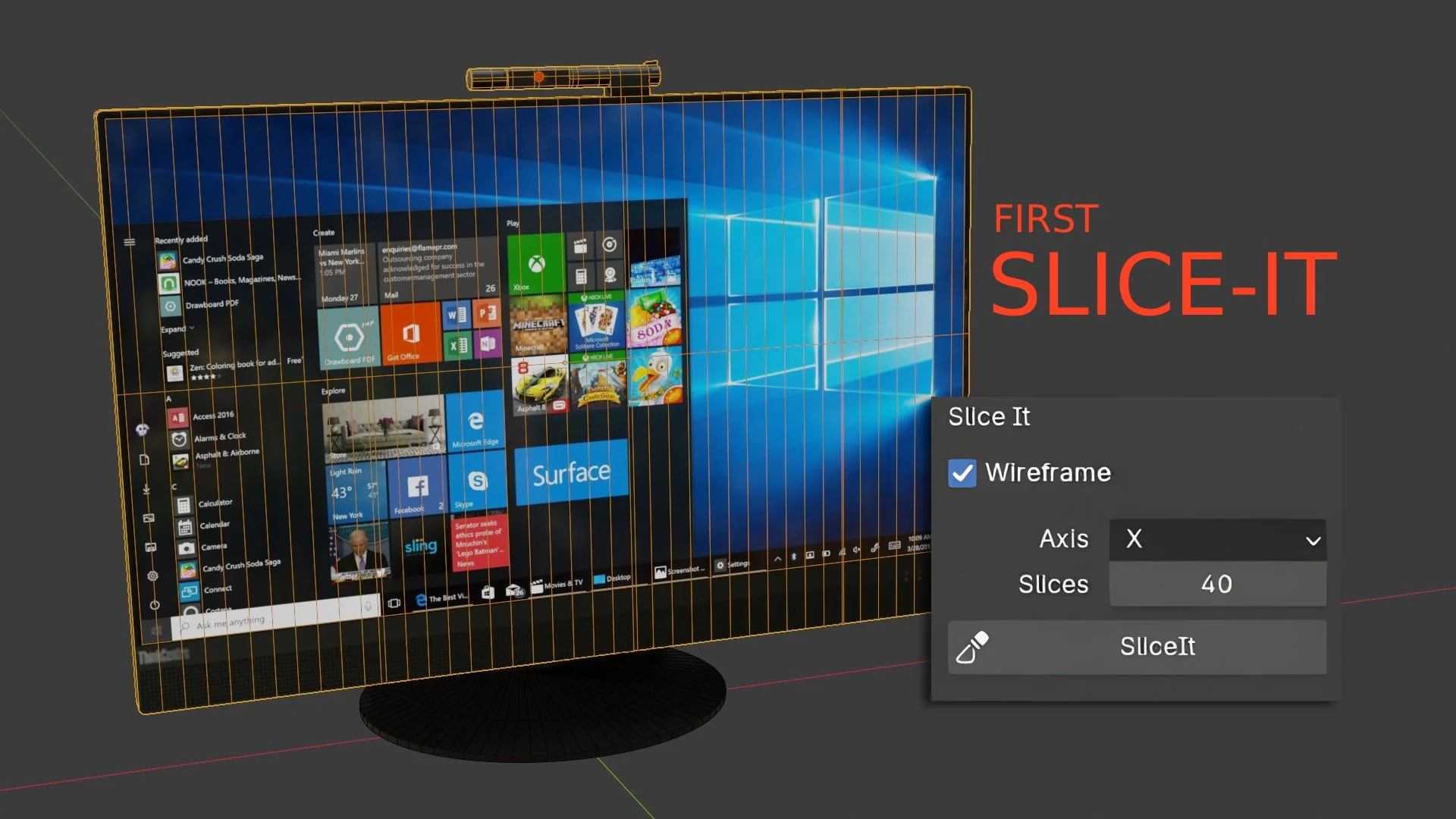 The monitor with 40 evenly-spaced slice cuts and the Slice It panel open