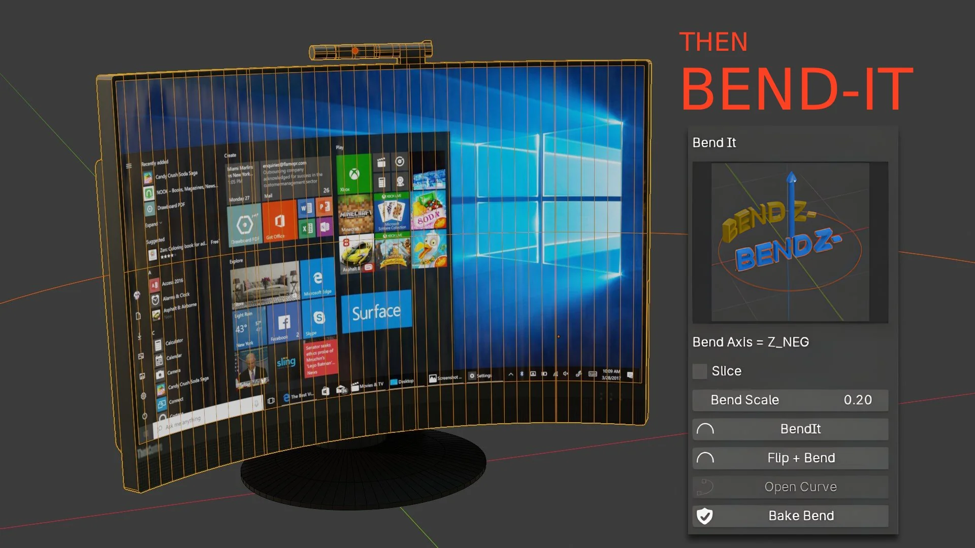 The monitor bent into a curve with the Bend It panel open