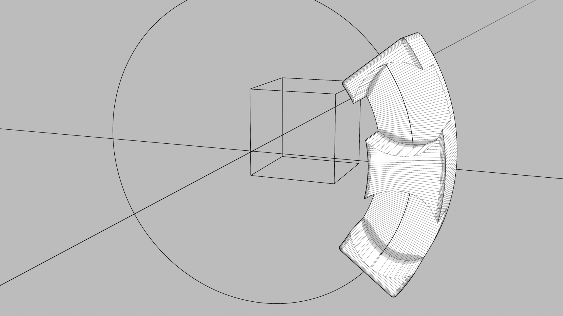 Wireframe view of a live bend — the bent shell, the generated circle, and the original cube