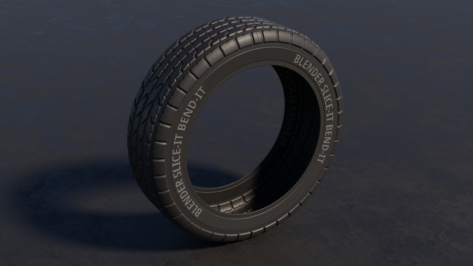 A finished tire modeled with Slice+Bend — tread sliced flat, then bent into a ring