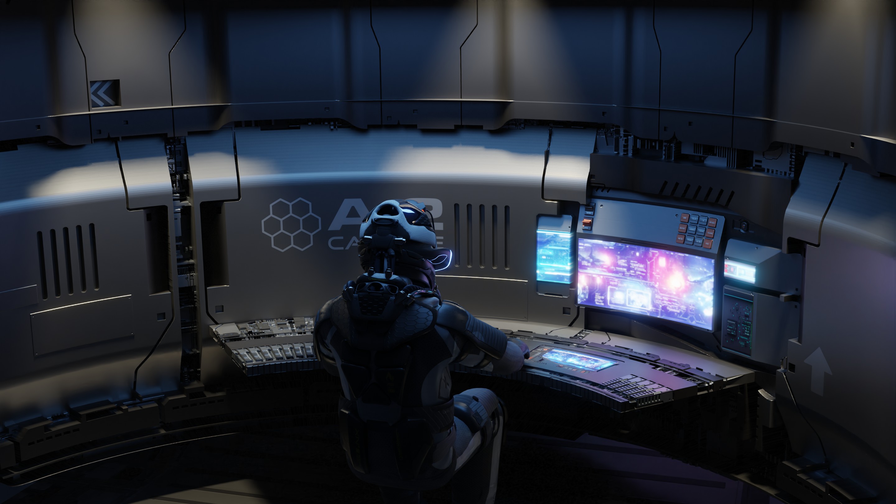 A curved sci-fi control-room wall bent with Slice+Bend