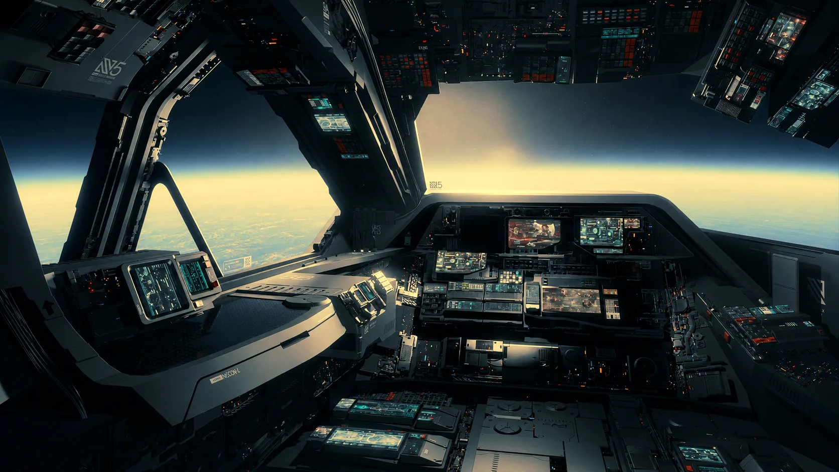 Sci-fi cockpit at dawn over a planet — panels and screens packed with detail
