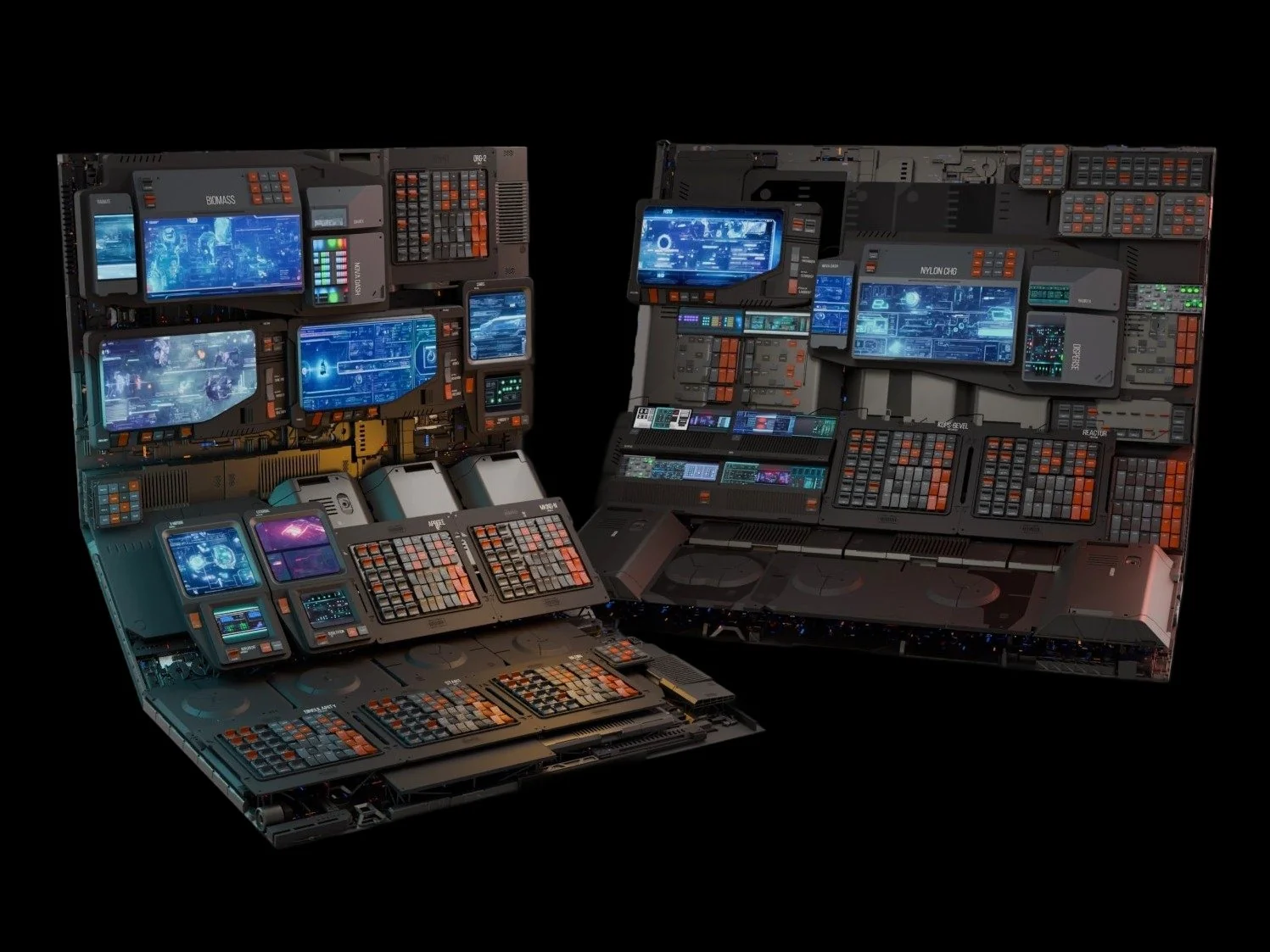 SPOCK hero — twin sci-fi control consoles packed with glowing screens, keypads, and panels