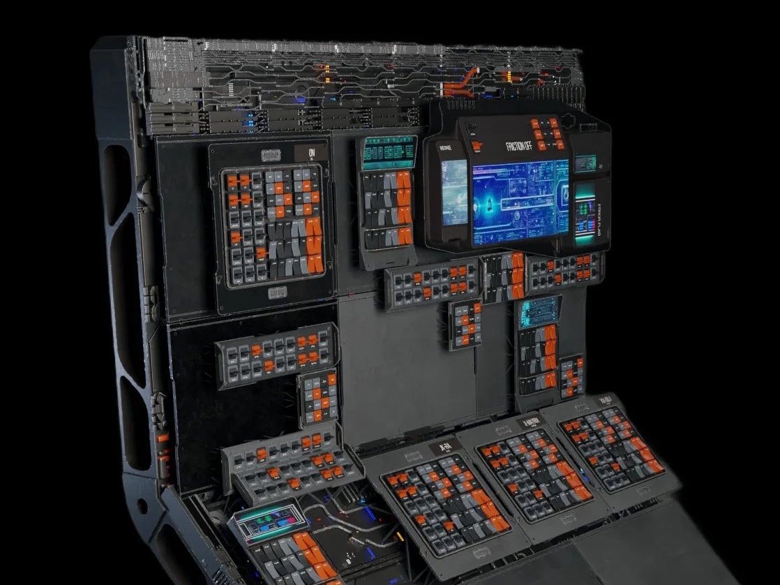 A SPOCK-packed control panel — keypads, screens, and switches built up in layers